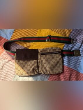 Authentic Gucci Beige Monogram Canvas Belt Bag with Green-Red Web Strap